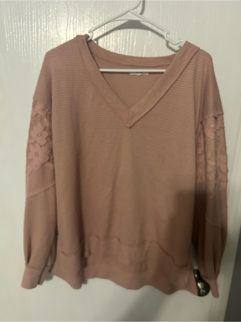Maurices Dusty Rose V-Neck Sweater with Lace Sleeves